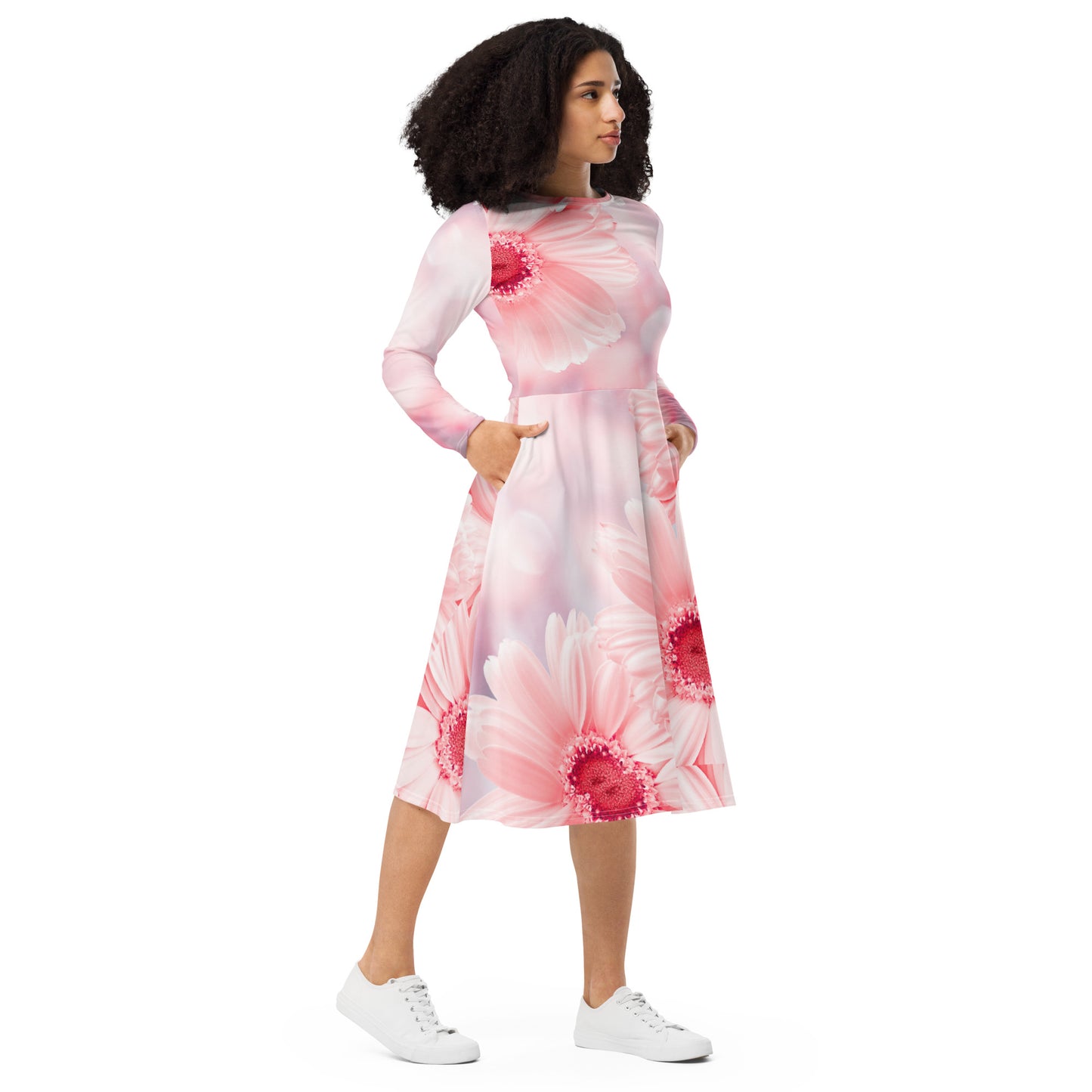 All-over print long sleeve midi dress