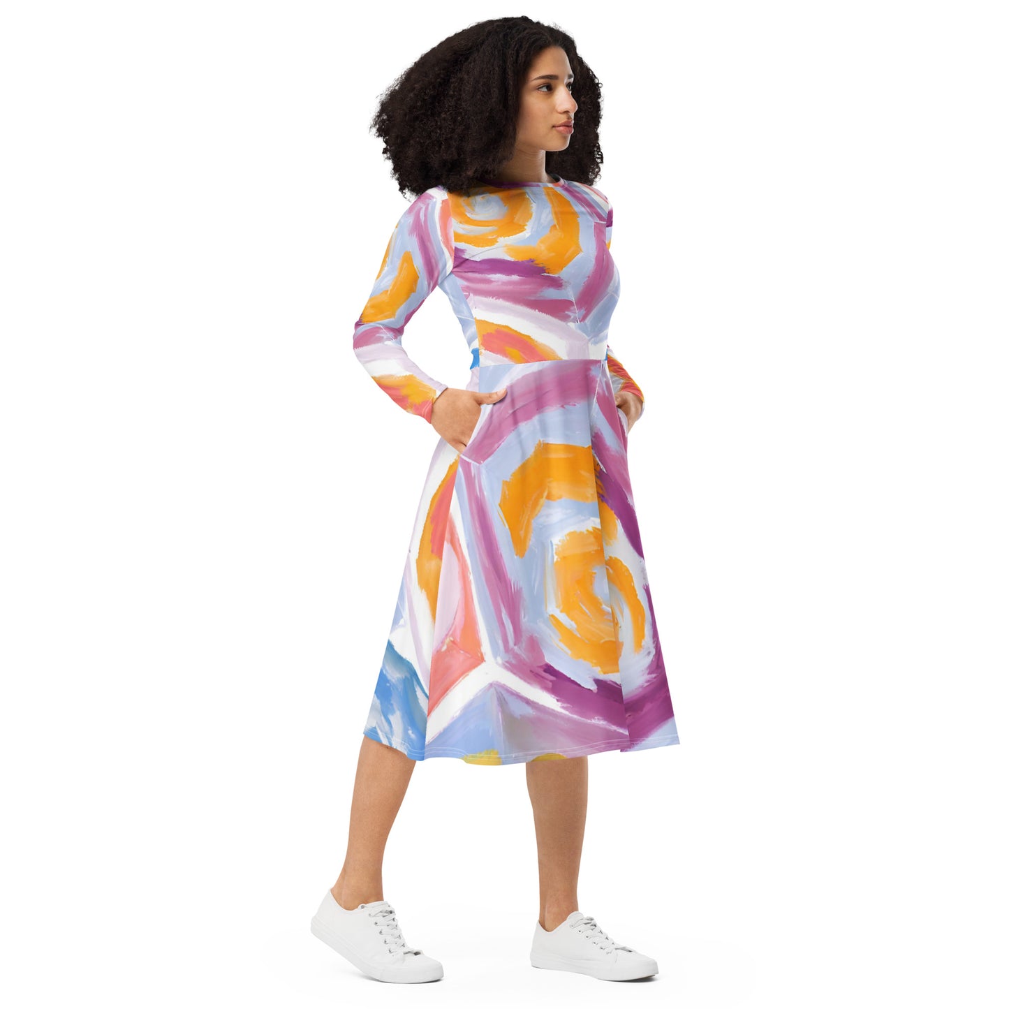 All-over print long sleeve midi dress