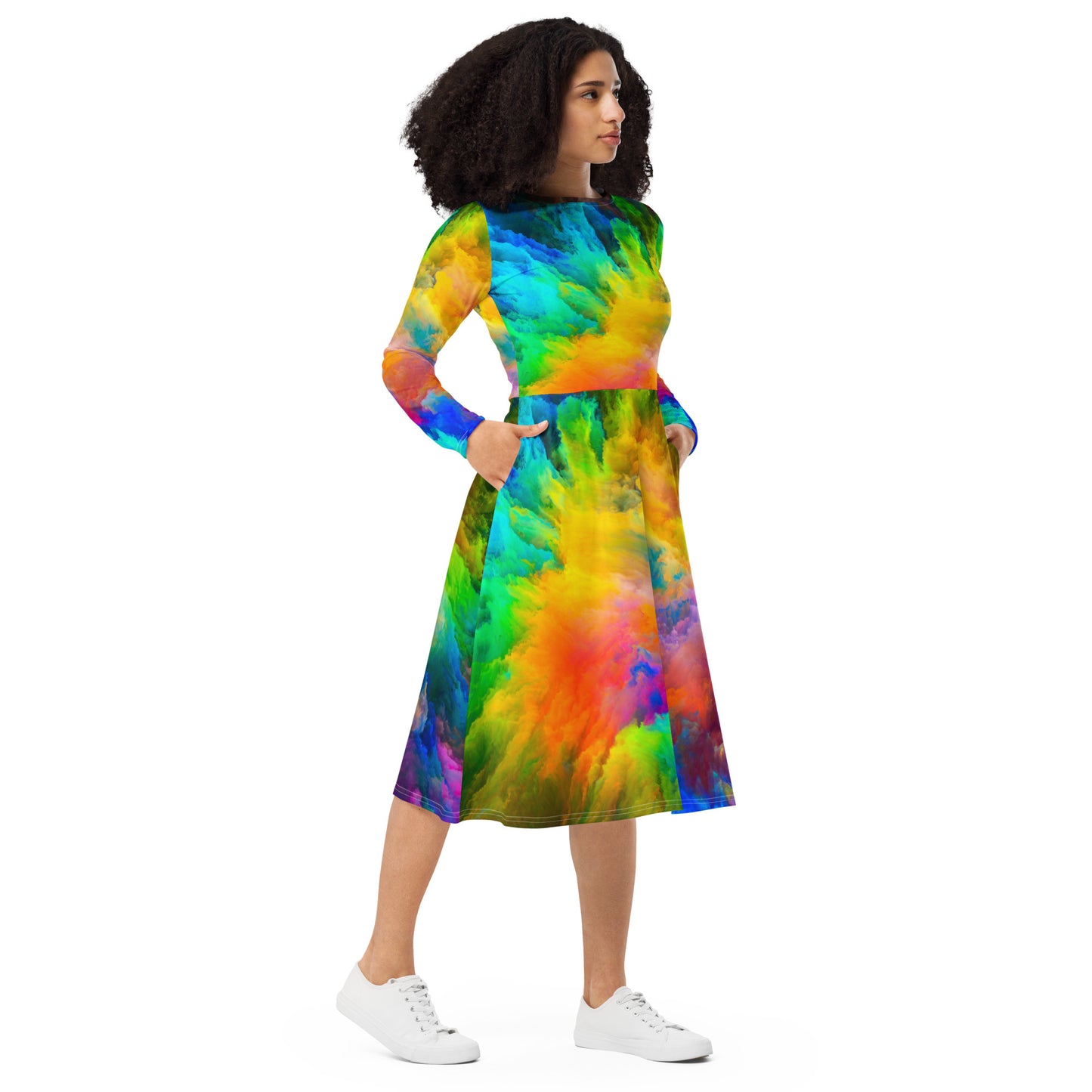 All-over print long sleeve midi dress