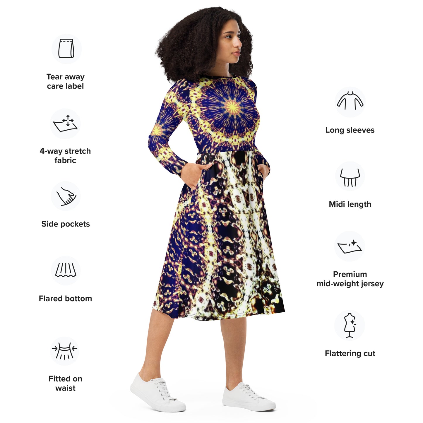 All-over print long sleeve midi dress