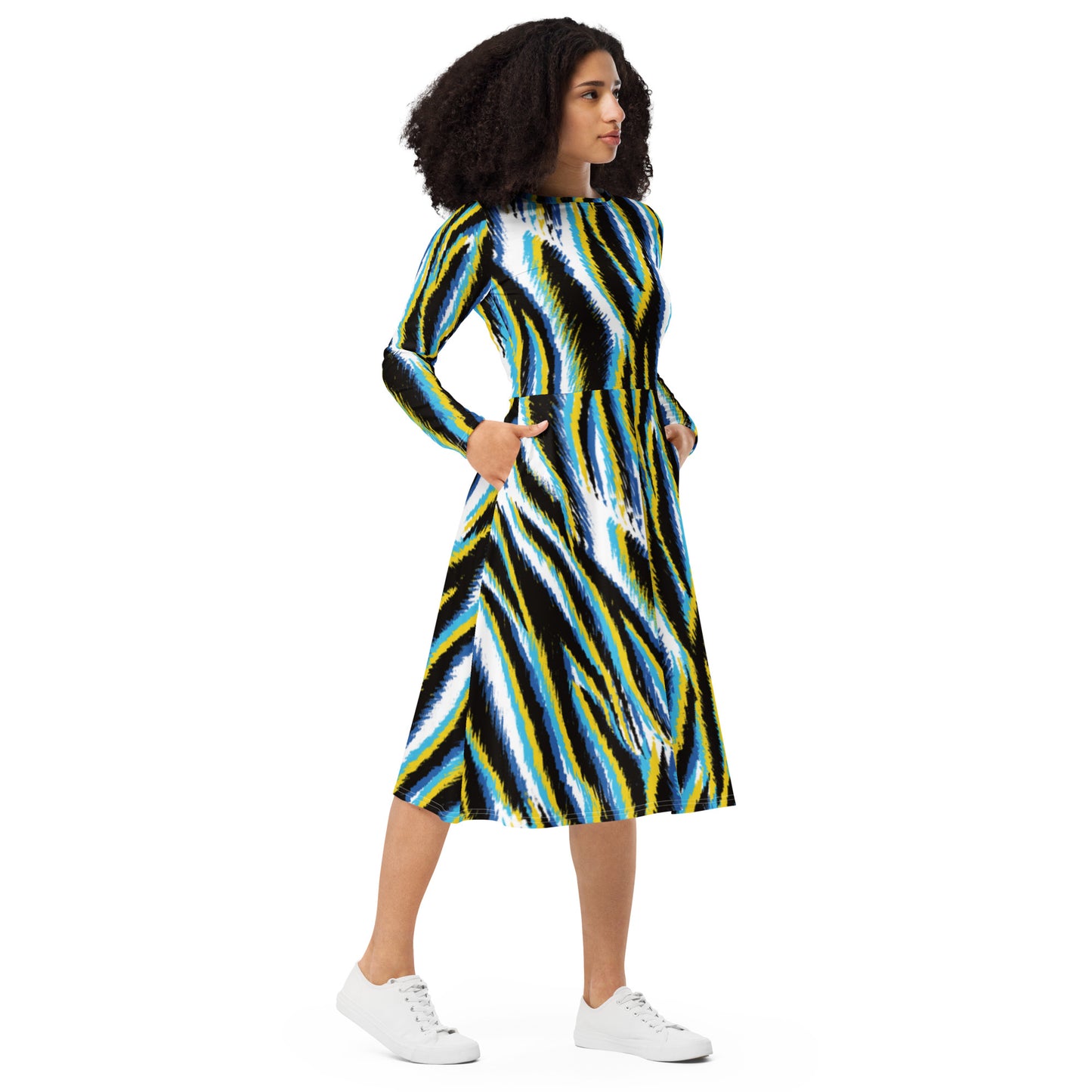 All-over print long sleeve midi dress Zebra Stripes Yellow Black