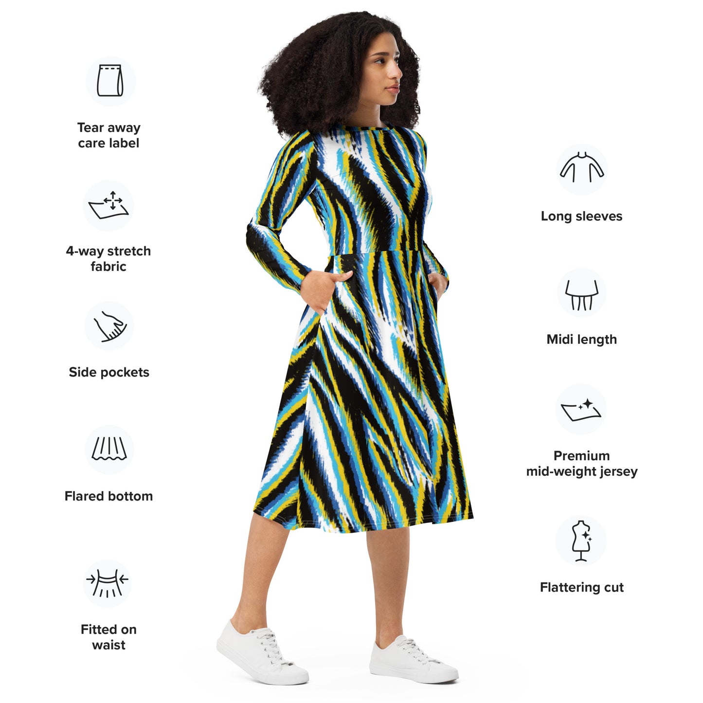 All-over print long sleeve midi dress Zebra Stripes Yellow Black