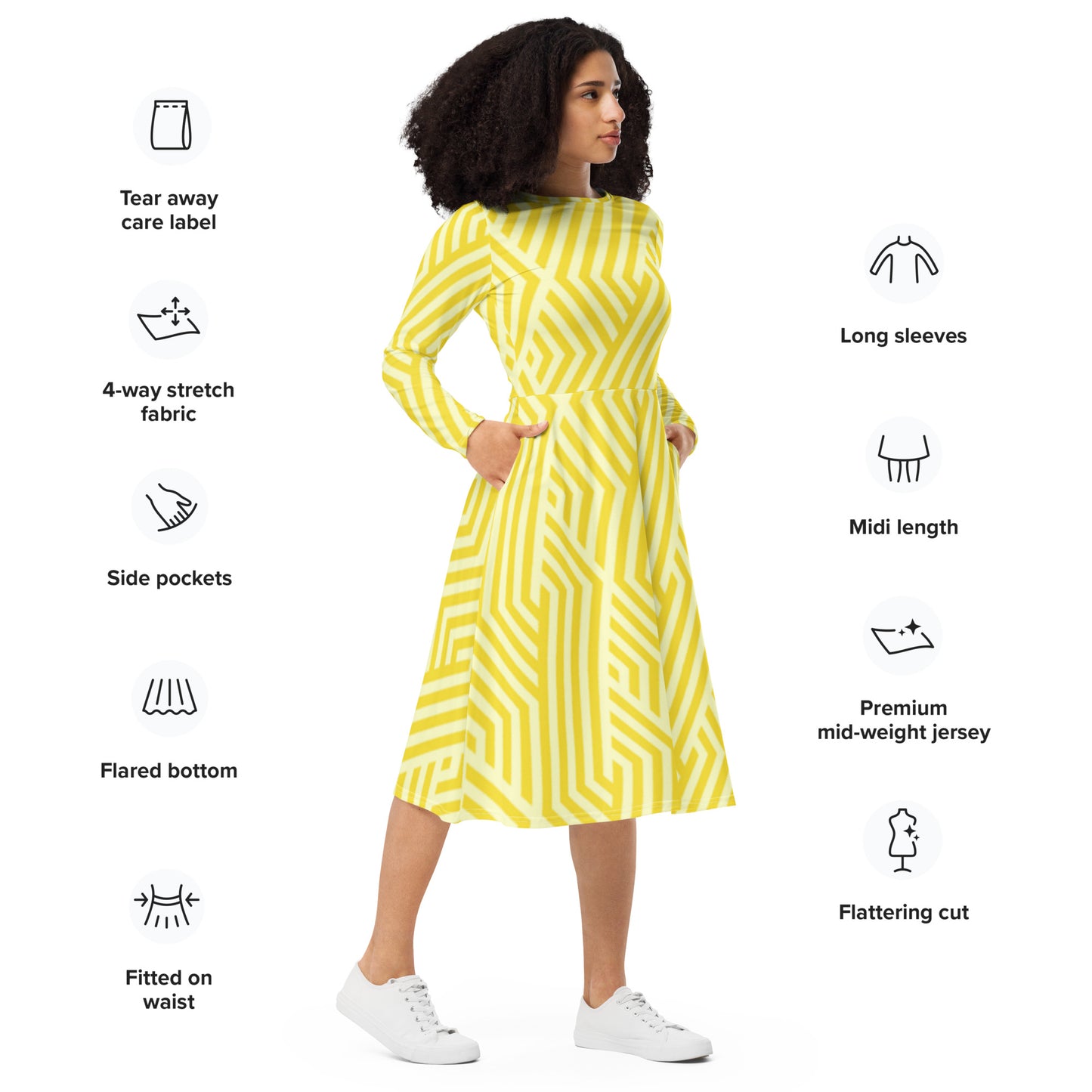 All-over print long sleeve midi dress Yellow Design Pattern