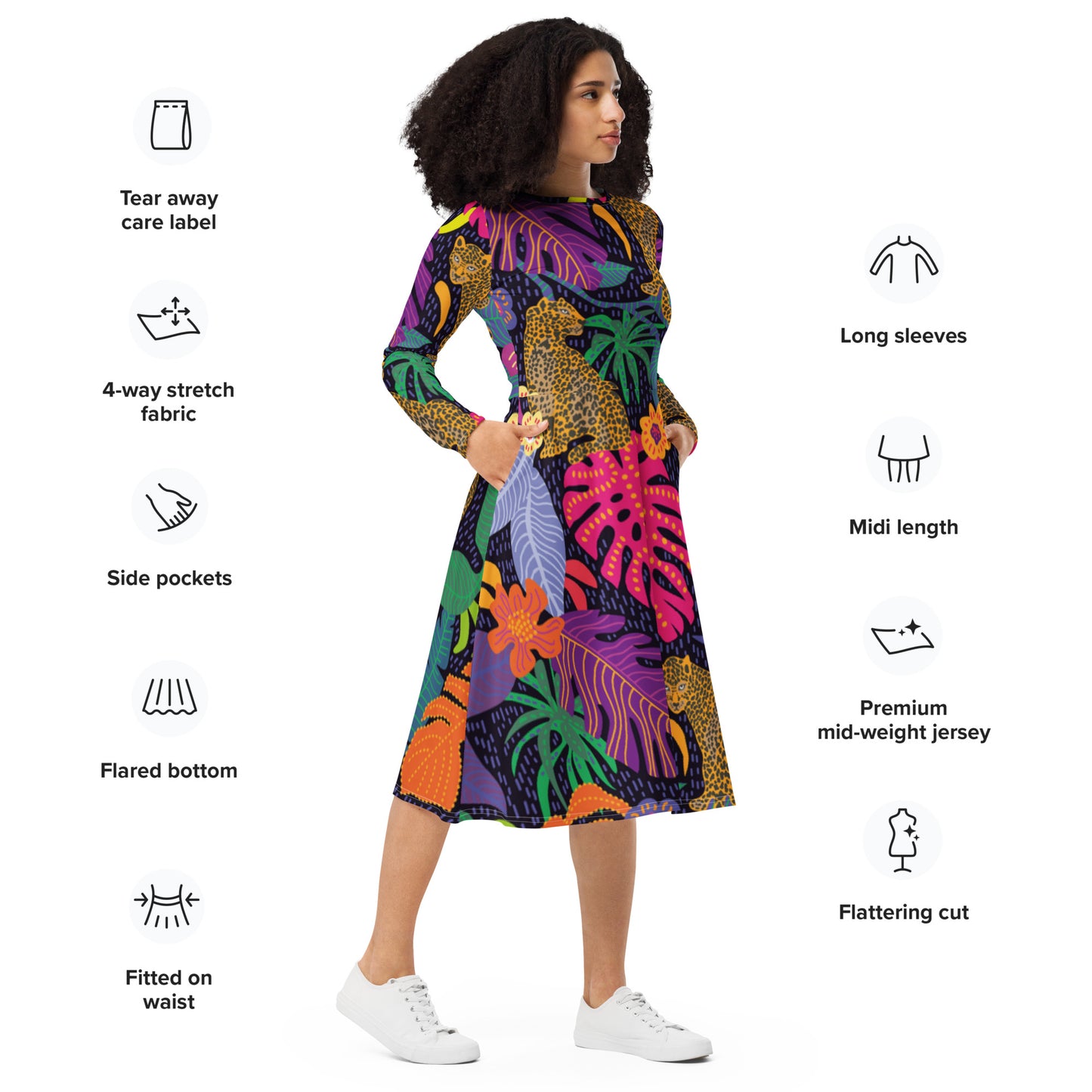 All-over print long sleeve midi dress Has Matching Shoes