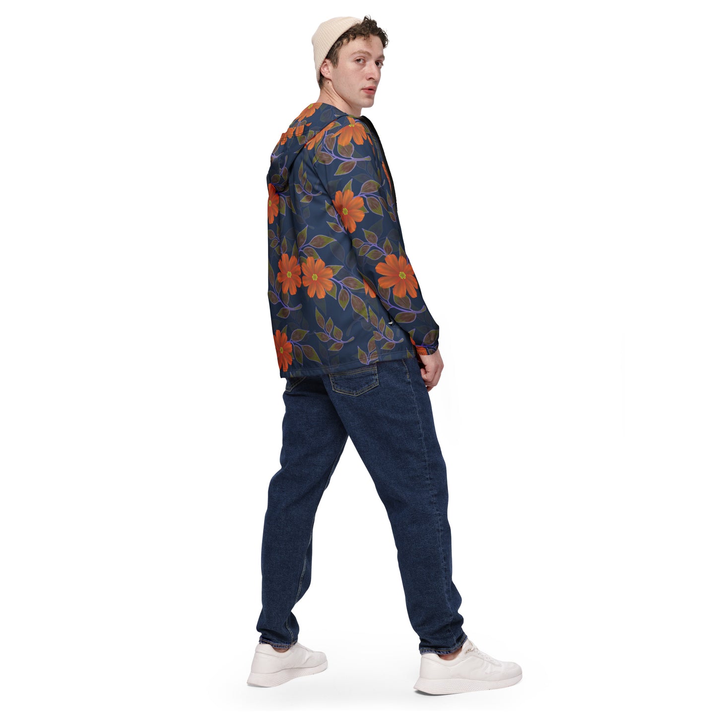 Unisex windbreaker Adult Activewear orange and Navy Blue Flower Print