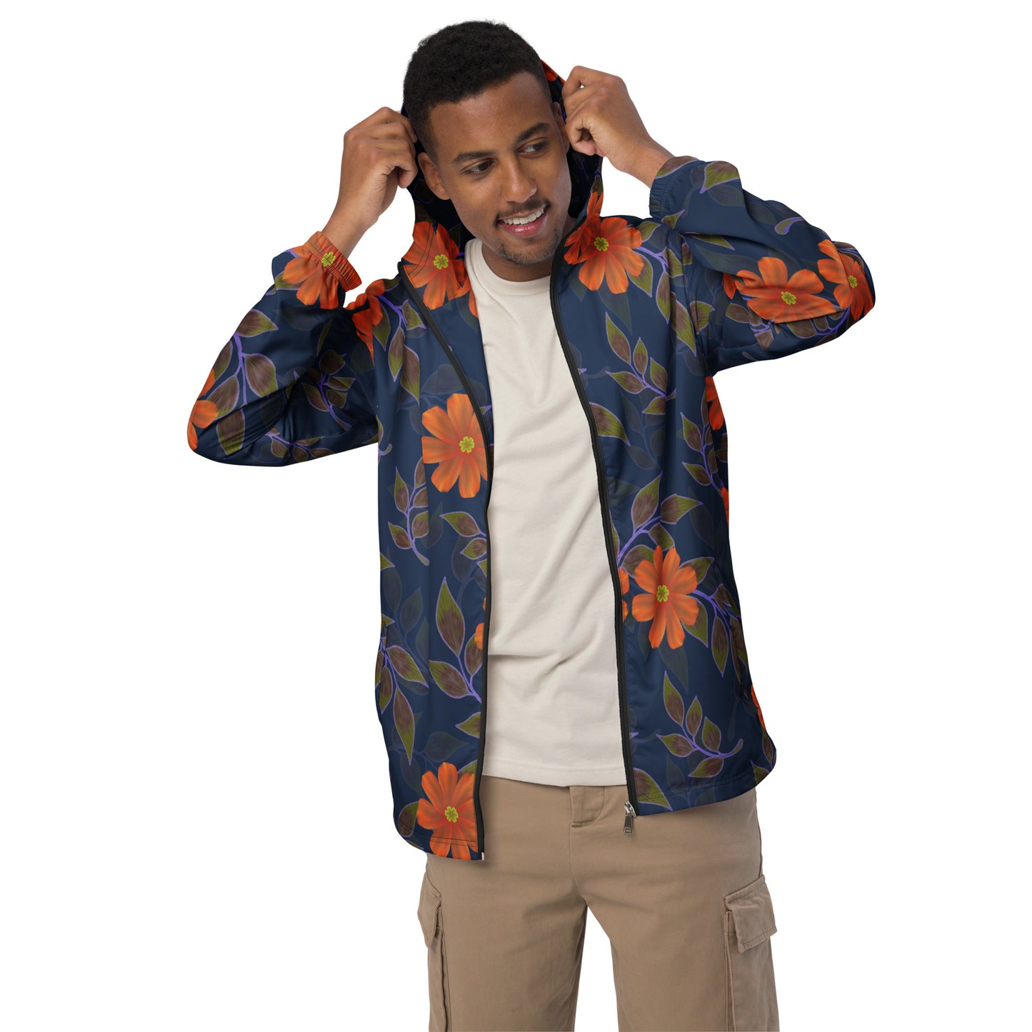 Unisex windbreaker Adult Activewear orange and Navy Blue Flower Print