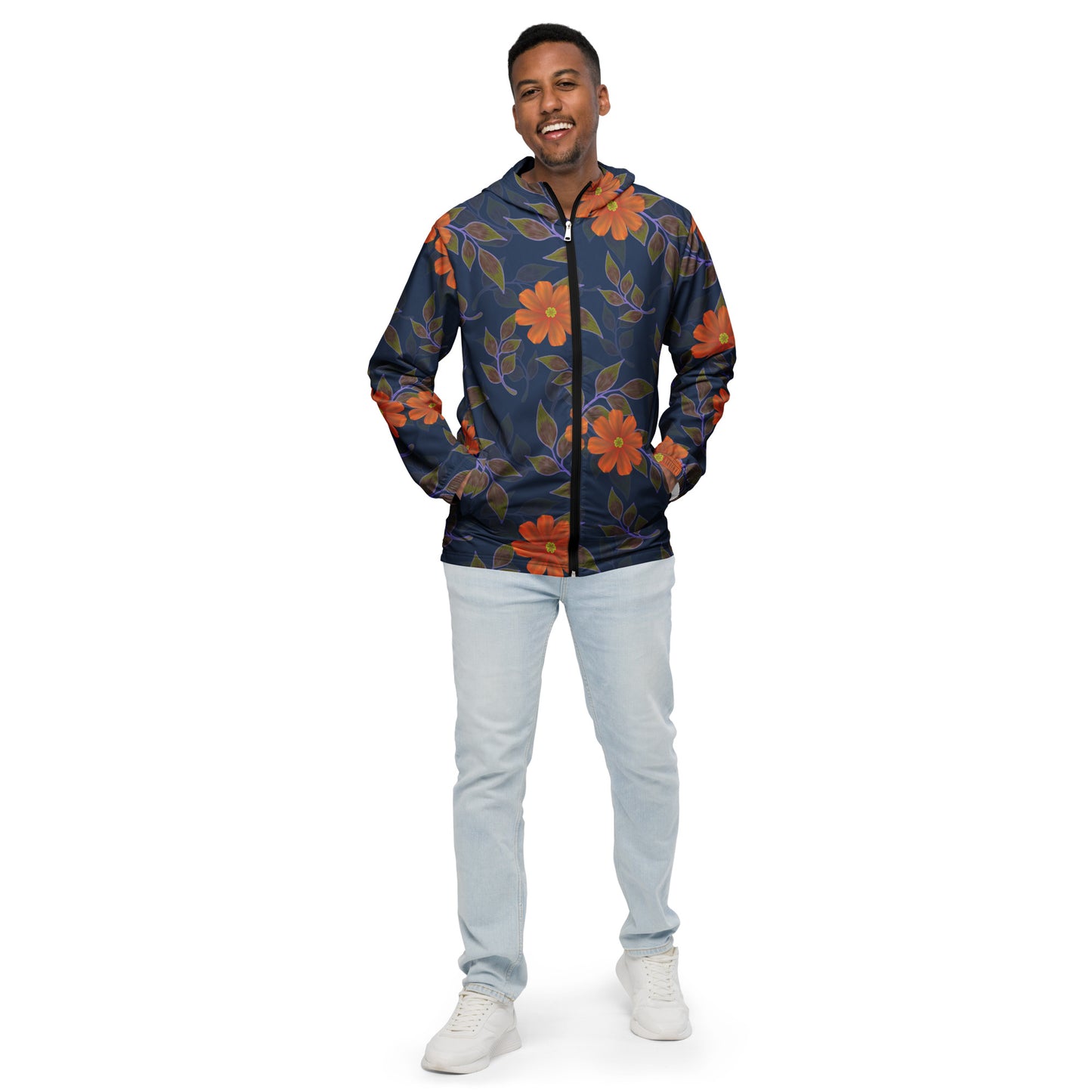 Unisex windbreaker Adult Activewear orange and Navy Blue Flower Print