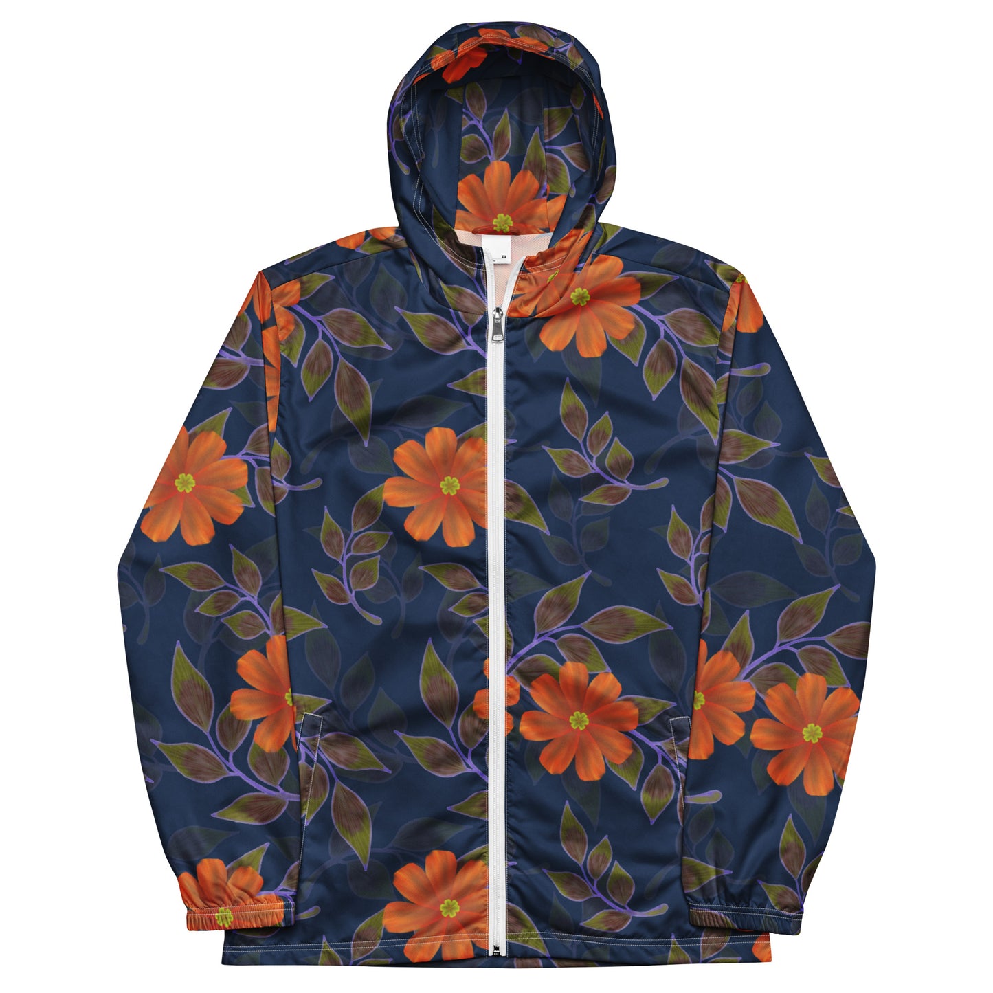 Unisex windbreaker Adult Activewear orange and Navy Blue Flower Print