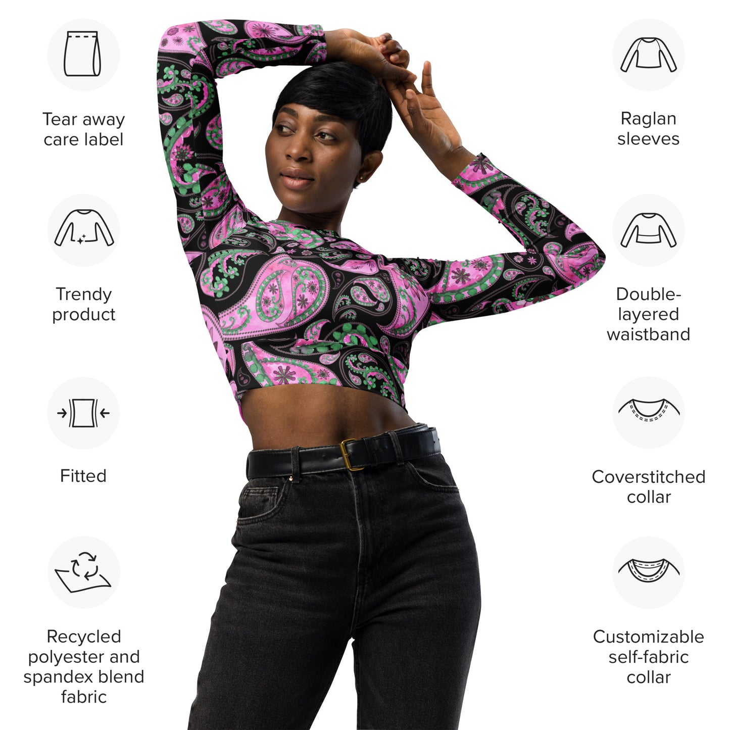 Recycled long-sleeve crop top Up To 6XL Activewear Adult/Teen