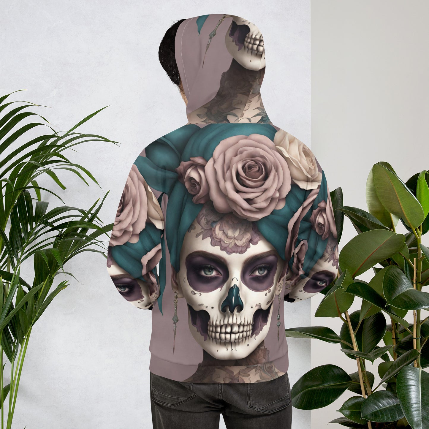 Unisex Hoodie Purple mauve green with sugar skull female Adult Activewear