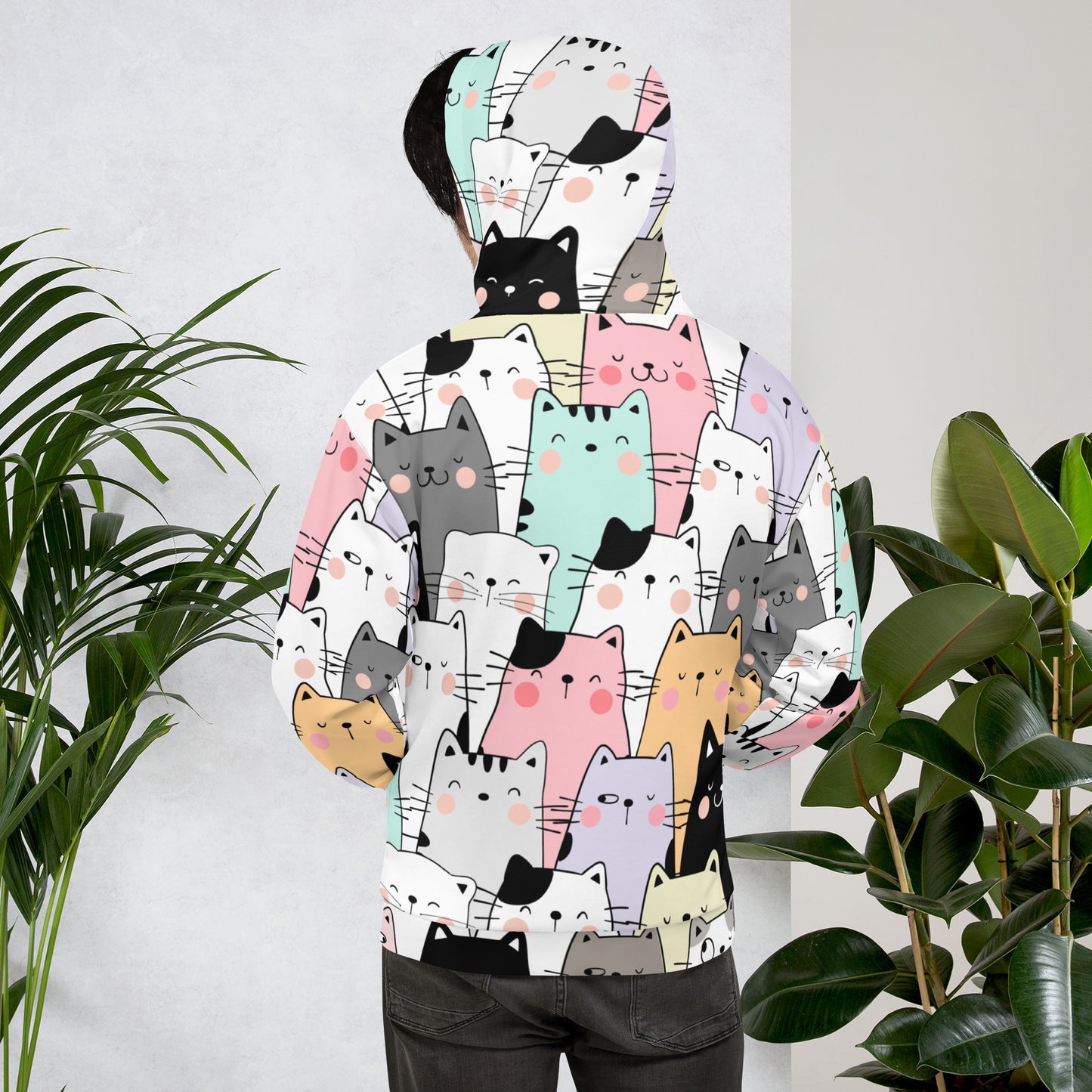 Unisex Hoodie Unisex Adult Activewear pink purple mint green black outline cats design pattern