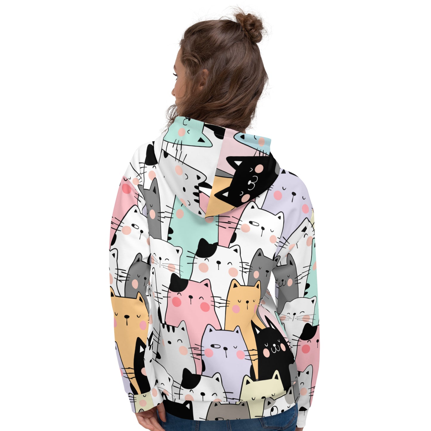 Unisex Hoodie Unisex Adult Activewear pink purple mint green black outline cats design pattern