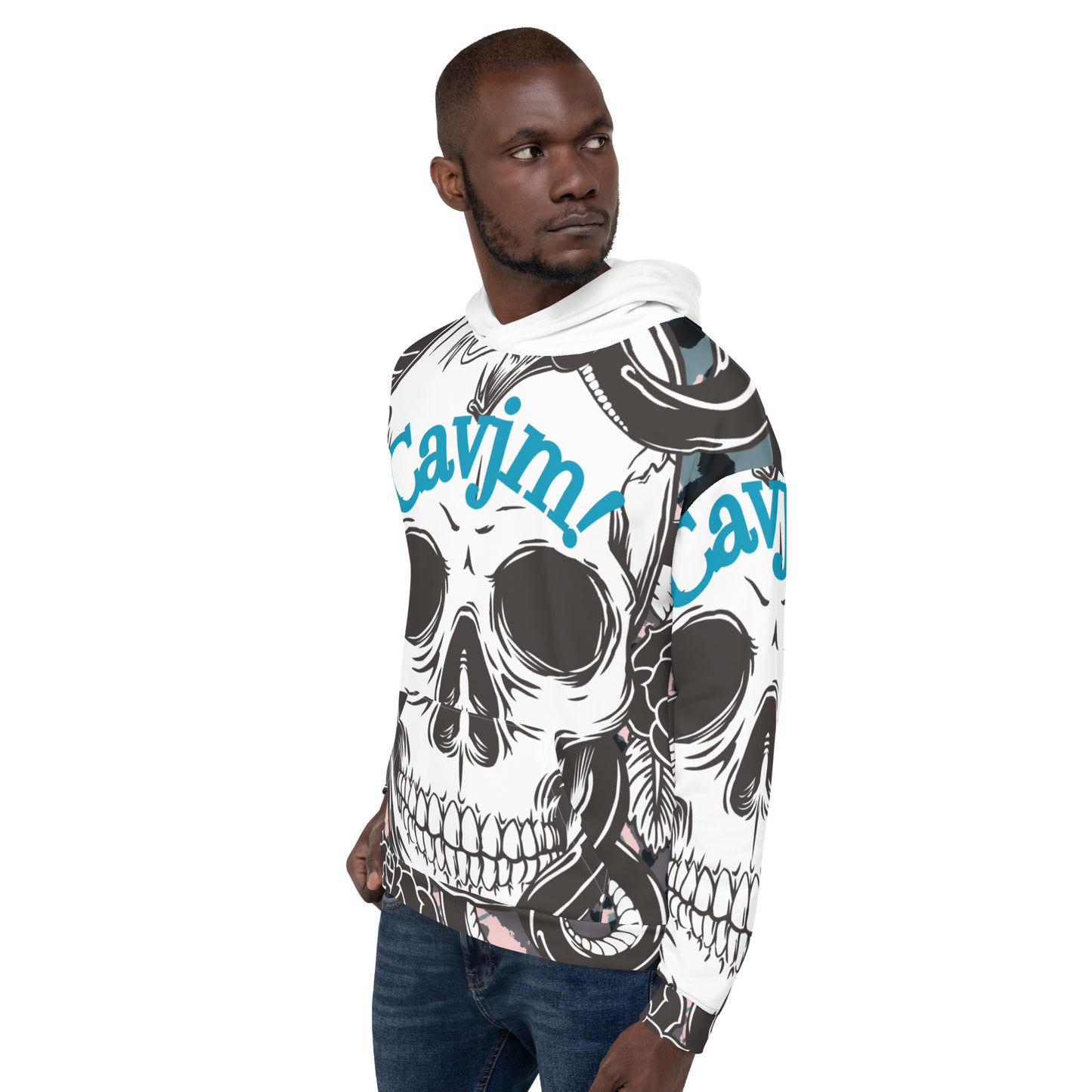 Unisex Hoodie blue writing and white black skull Adult Activewear