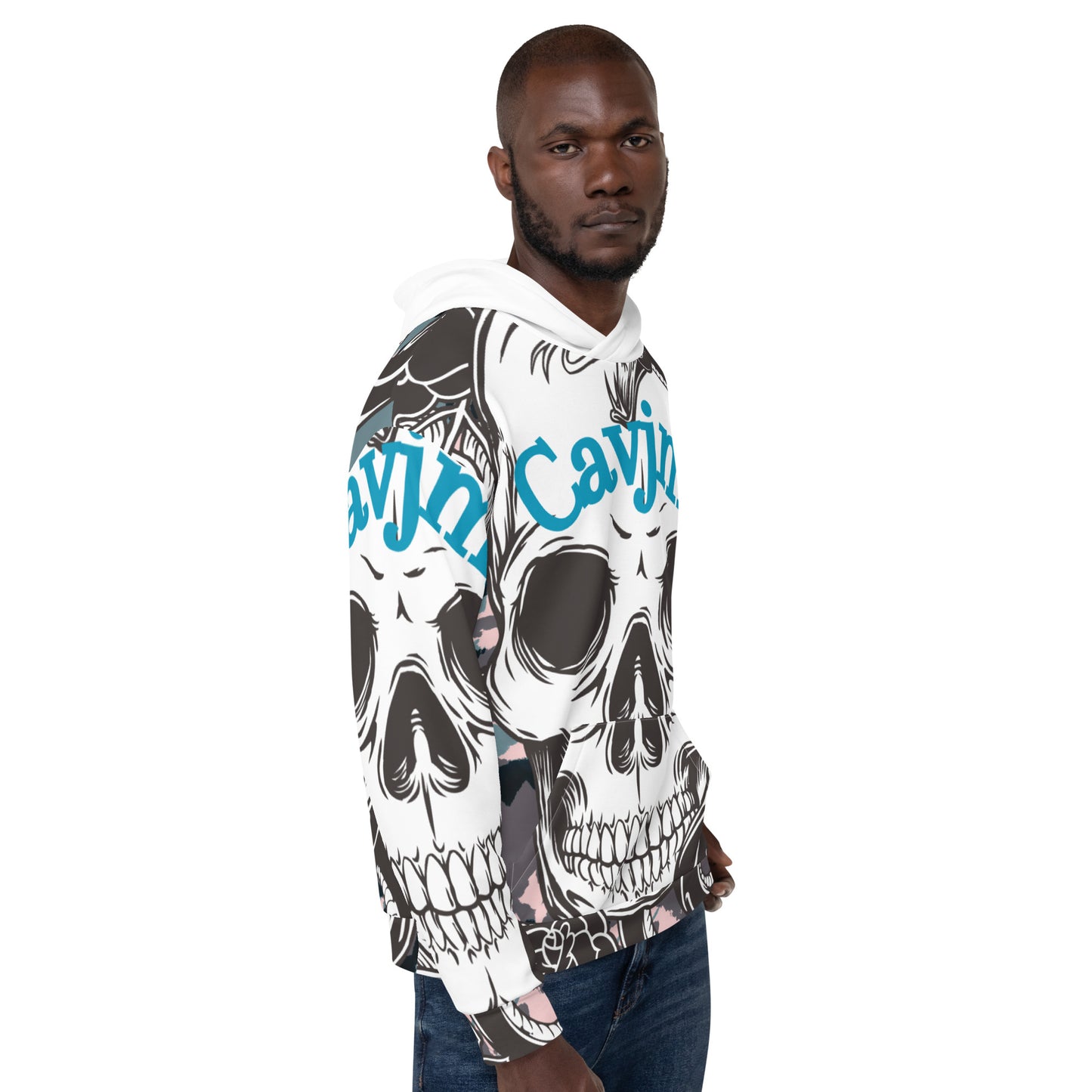 Unisex Hoodie blue writing and white black skull Adult Activewear