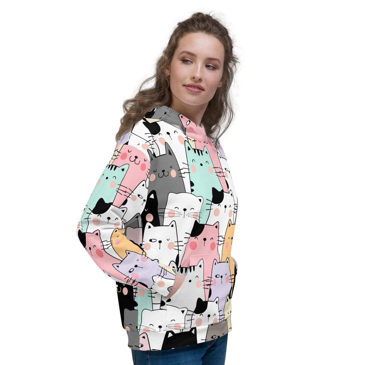 Unisex Hoodie Unisex Adult Activewear pink purple mint green black outline cats design pattern