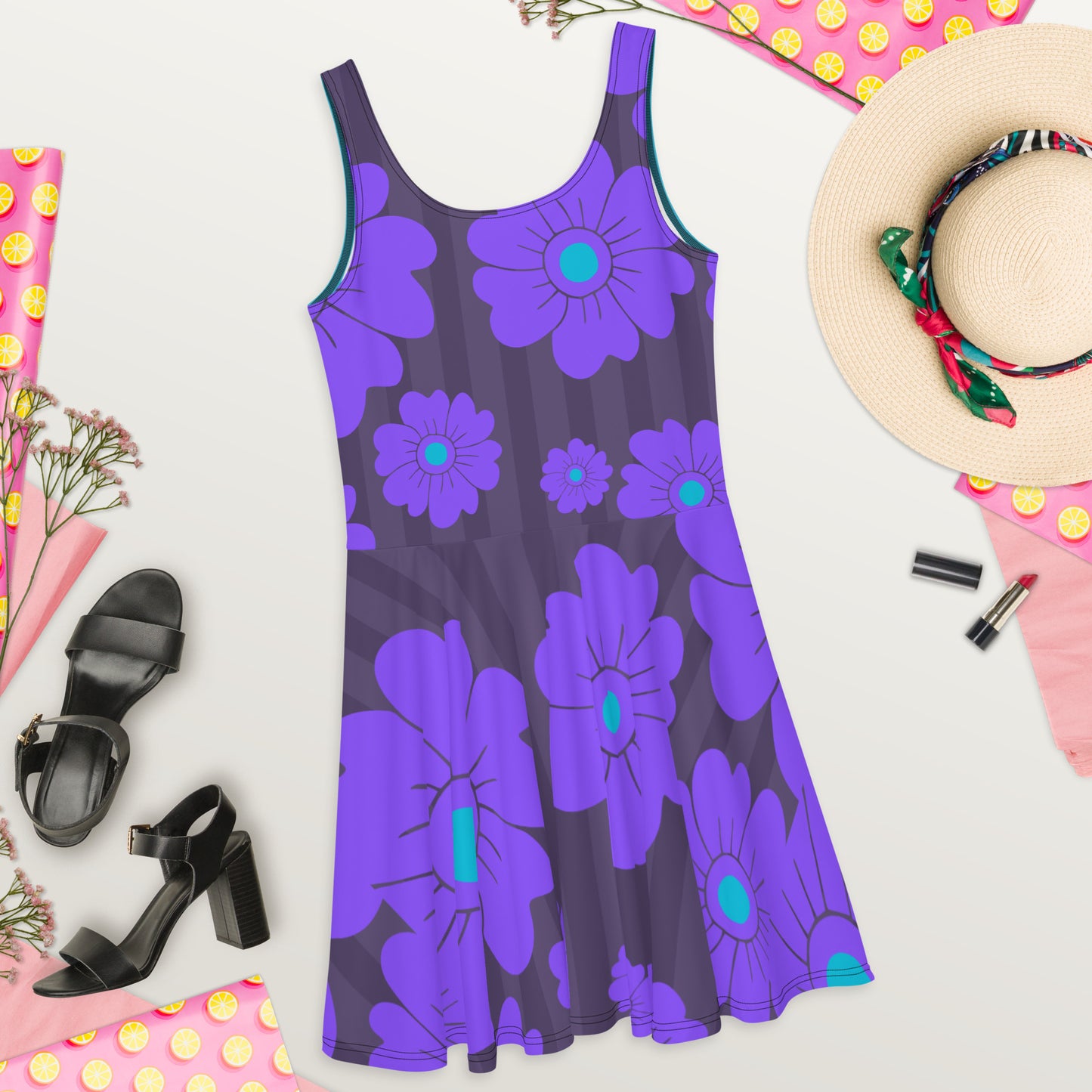 Skater Dress Grey Purple Flowers