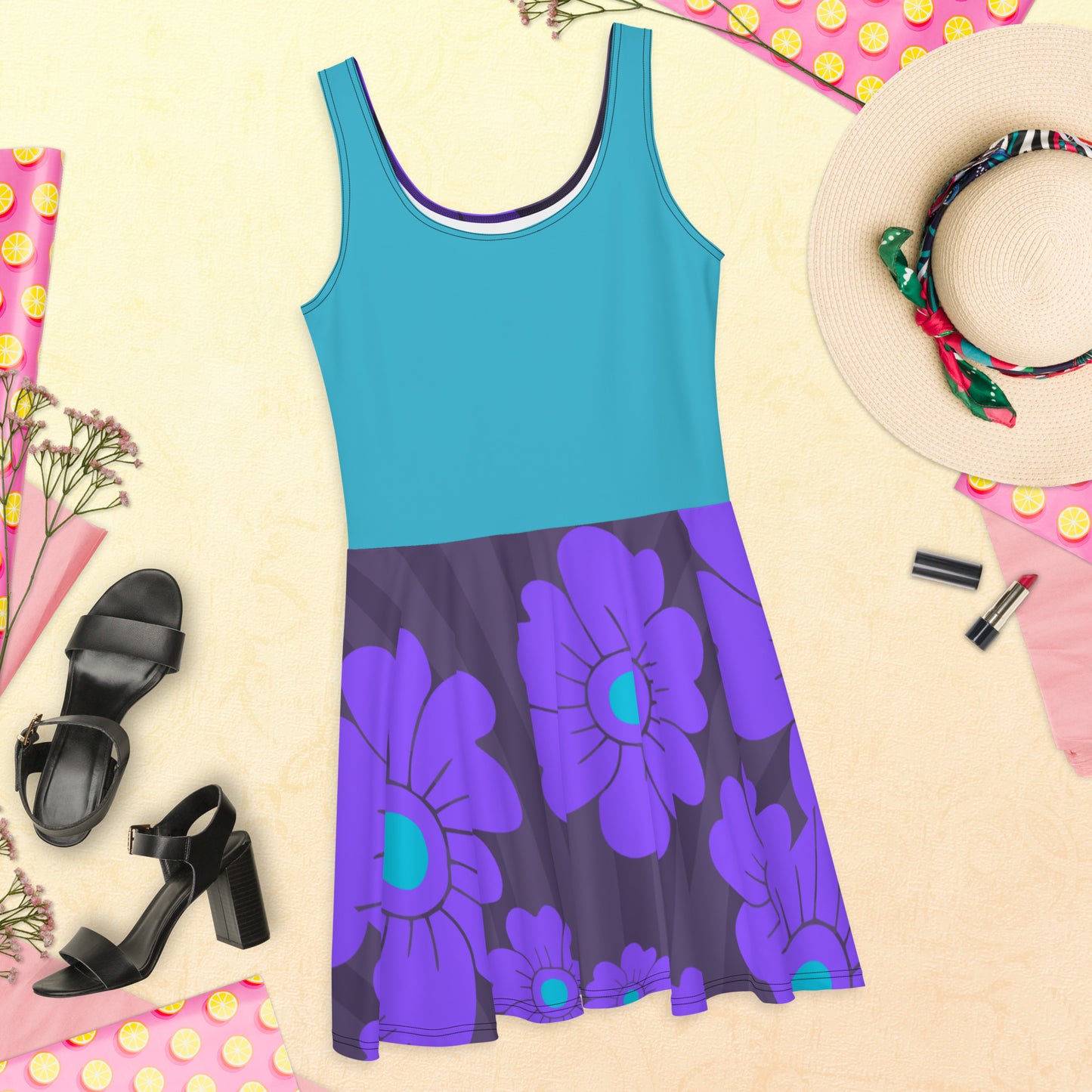 Skater Dress Grey Purple Flowers