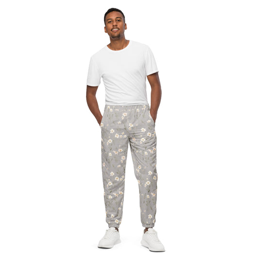 Unisex track pants Activewear Adult Tan and White flower pattern