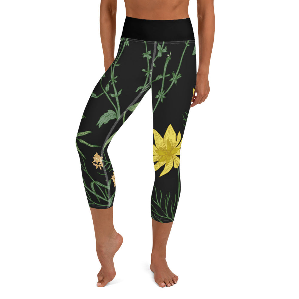 Yoga Capri Leggings yellow flowers with green vines black Adult Activewear