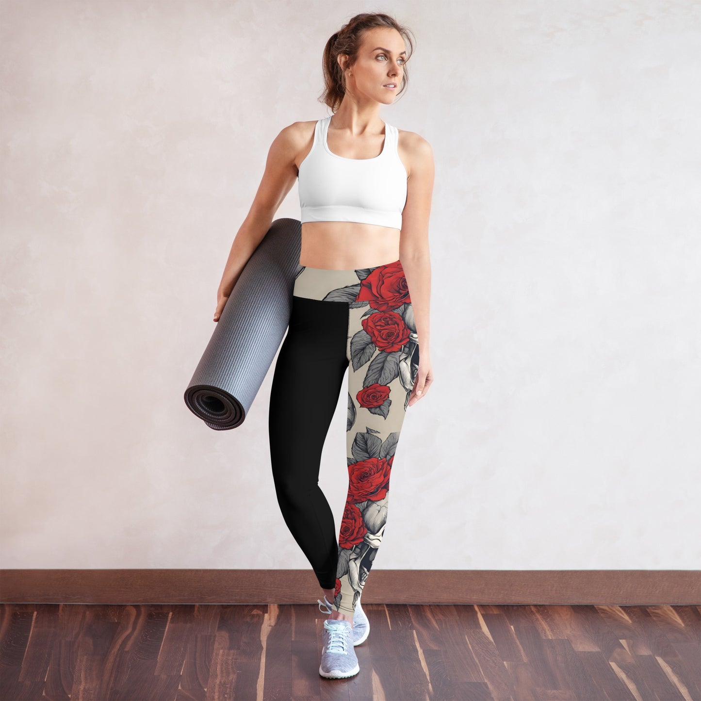 Yoga Leggings black grey and red roses design Adult Activewear