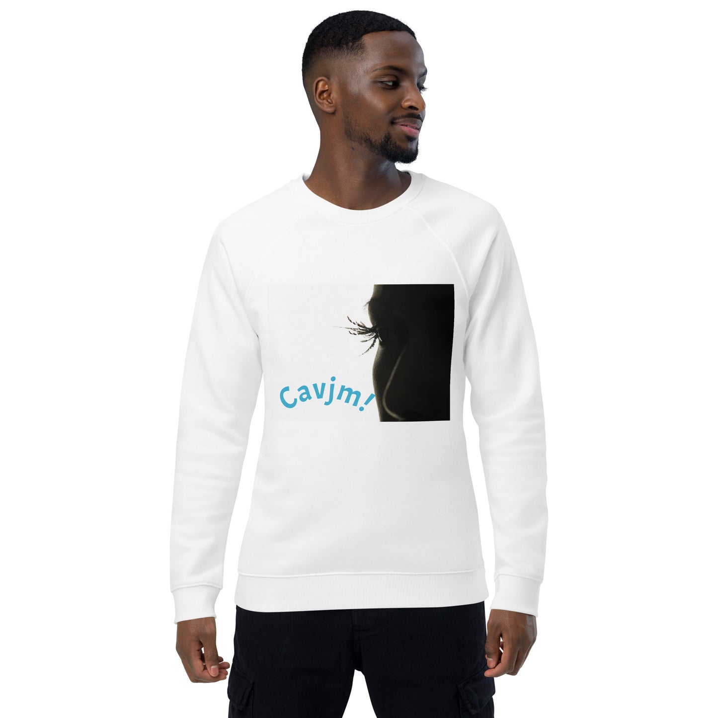 Unisex organic raglan sweatshirt black blue writing Adult Activewear