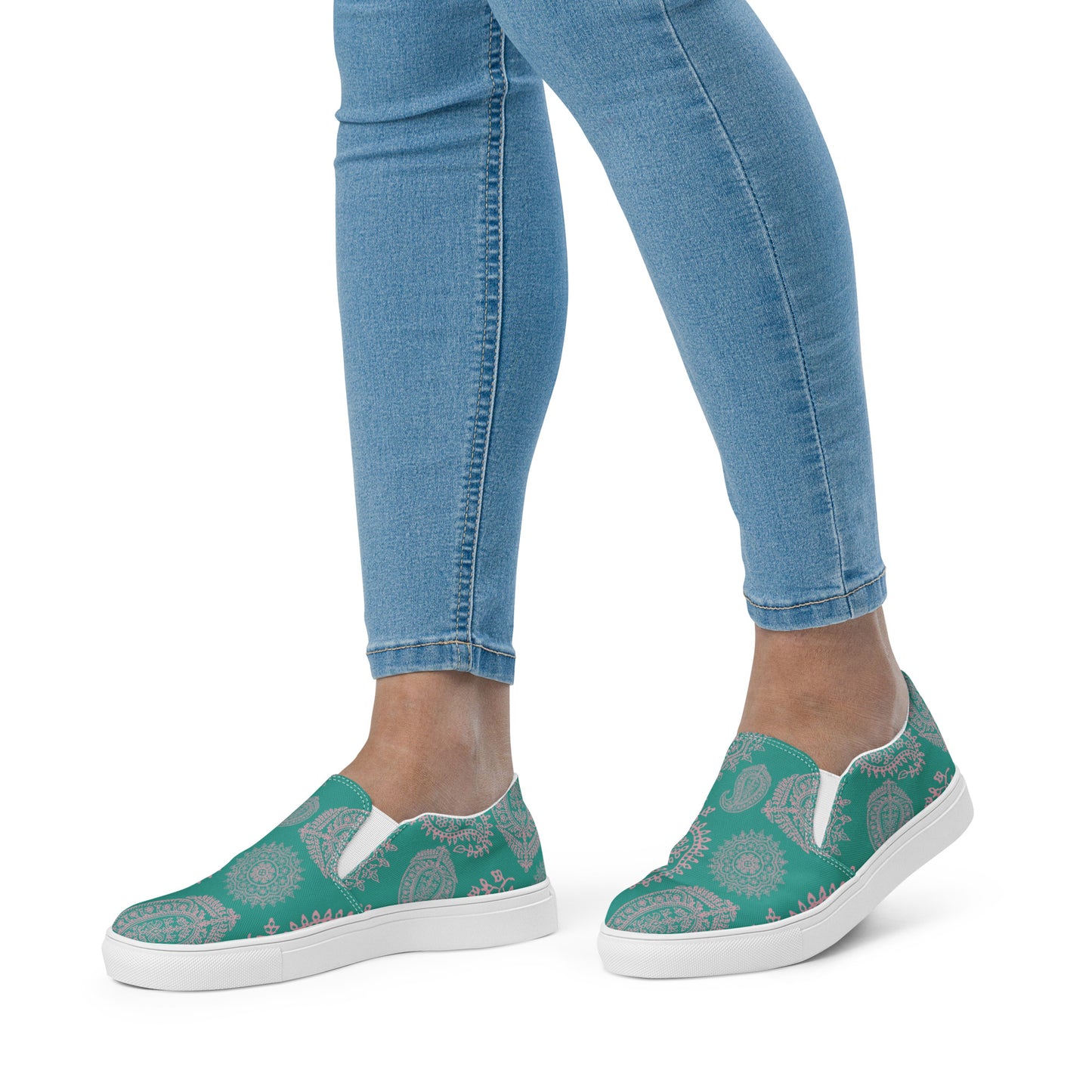 Women’s slip-on canvas shoes Green Pink Paisley