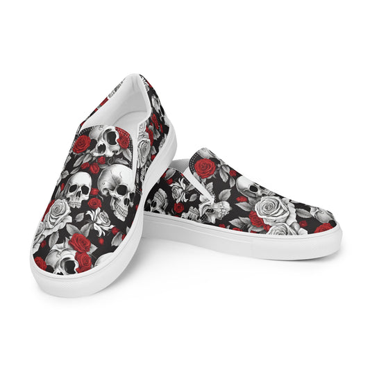 Women’s slip-on canvas shoes Red Roses Skulls