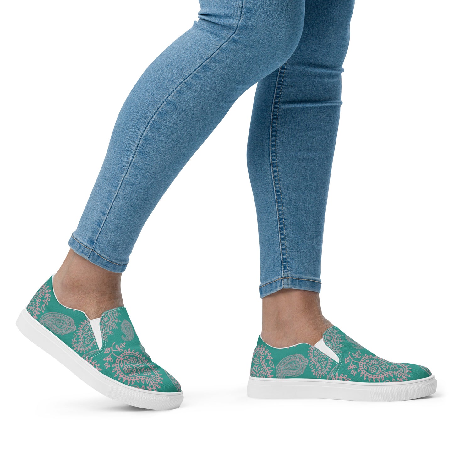 Women’s slip-on canvas shoes Green Pink Paisley