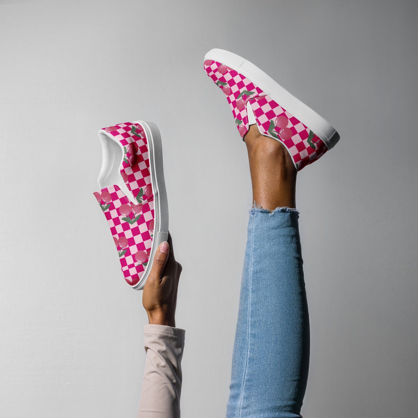 Women’s slip-on canvas shoes Pink Checkered Cherries